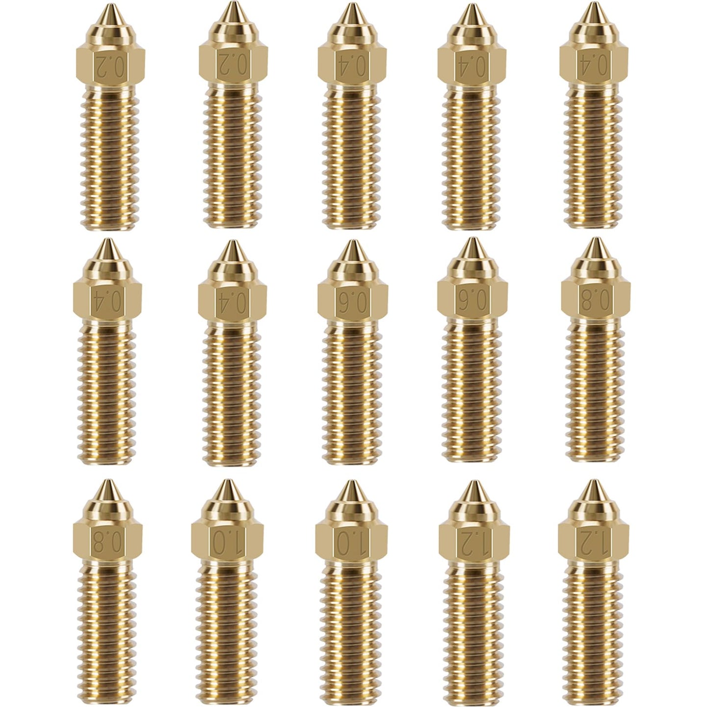 15PCS K1 Brass Nozzles Kit, 3D Printer High Speed 5PCS 0.4mm Nozzles and 2PCS 0.2mm, 0.6mm, 0.8mm, 1.0mm, 1.2mm Nozzles Kit for K1, K1 Max, Ender 3 V3 KE