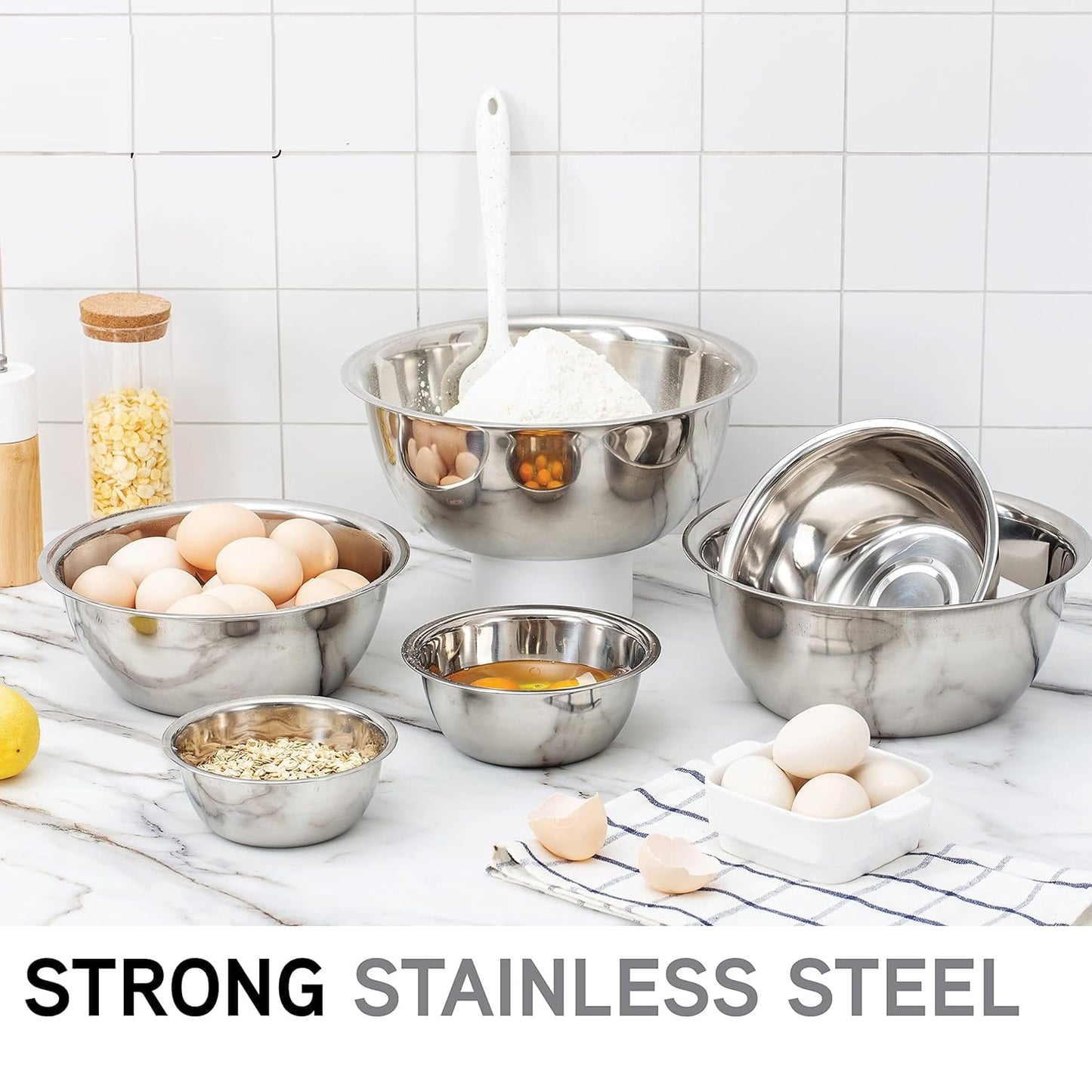Abizarch Stainless Steel Mixing Bowls Set of 5, Small Metal Mixing Bowl for Kitchen Baking, Prepping, Cooking and Serving, Salad,Vegetables, Sizes 9.4“ 8.6“ 7.8” 6.3“ 5.5” (Lid not Included)