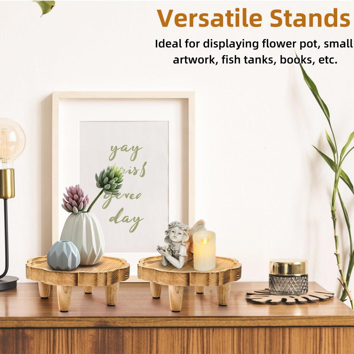 Covzoe 2 Pack Wood Plant Stand, 8.5 Inch Small Plant Display Risers for Decor, Farmhouse Plant Flower Pot Holder, Wooden Pedestal Stand for Garden, Patio, Home, Kitchen, Bathroom