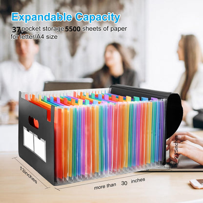 37 Pockets Expanding File Folders with Blank Labels, Expandable Accordian File Organizer with Cover, Desktop Accordion Folders Letter A4 Paper Document Storage Organizer for School Home Office