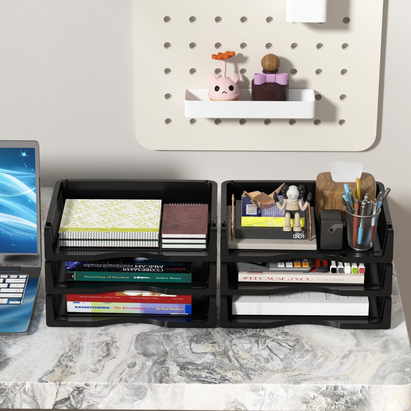 Vcansay 6 Tier Plastic A4 Size Document Trays, Office Stackable Letter Paper File Trays, Black