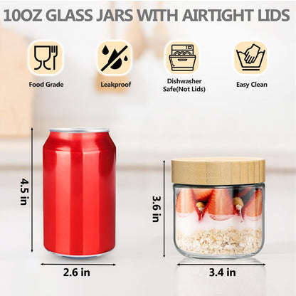 TBWIND 10oz Glass Jars with Bamboo Lids, Spoons, Airtight Overnight Oats Containers, Salad & Yogurt Storage, Mason Jars for Snacks, Spices, Meal Prep – Reusable, 4-Pack