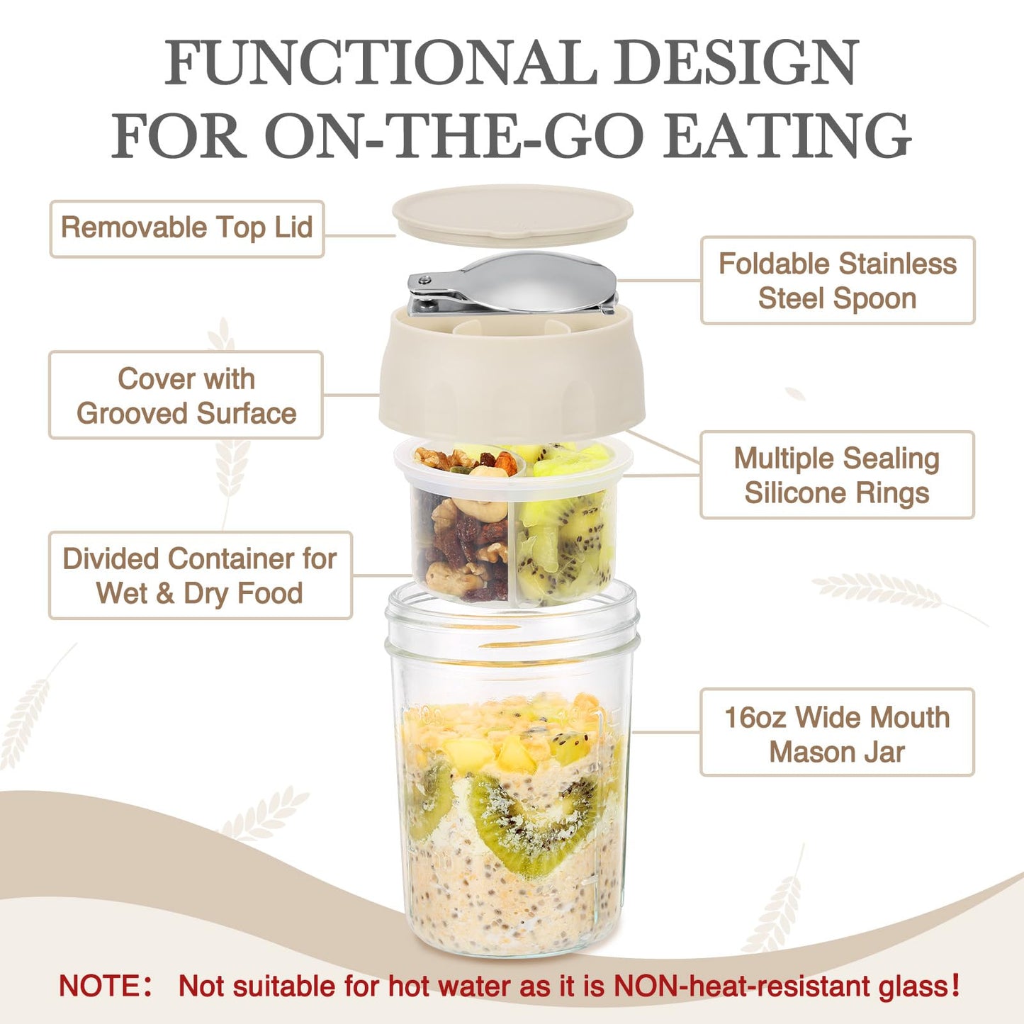SOLIGT NOVIIML k Overnight Oats Containers with Lids, Folding Spoons and Divided Compartments for Fruit & Nuts, Small Glass 16oz Mason Jars for Oatmeal Yogurt Parfait (2 Set-Oat White/Oat White)