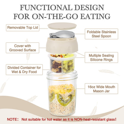 SOLIGT NOVIIML k Overnight Oats Containers with Lids, Folding Spoons and Divided Compartments for Fruit & Nuts, Small Glass 16oz Mason Jars for Oatmeal Yogurt Parfait (2 Set-Oat White/Oat White)