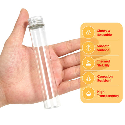 30ml Glass Clear Test Tubes with Screw Caps and Plastic Stoppers, Liquid Sample Vials, Leak-Proof Flat Test Tubes, 24PCS