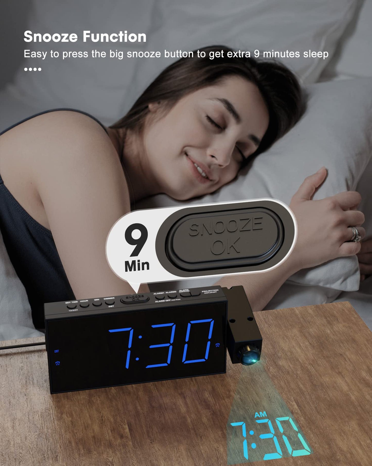 Projection Alarm Clock with USB Charging, 180° Rotating Projector (Up to 11ft), Dual Alarms, 5-Level Dimmer, 12/24H, DST, Snooze Function - Ideal for Heavy Sleepers, Seniors & Kids