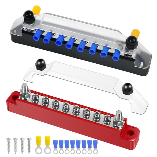 150A 12V Bus Bar with Cover Power Distribution Block 2 x M6(1/4 inch) and 8 x M4(#8) Battery Busbar for Automotive Car Boat