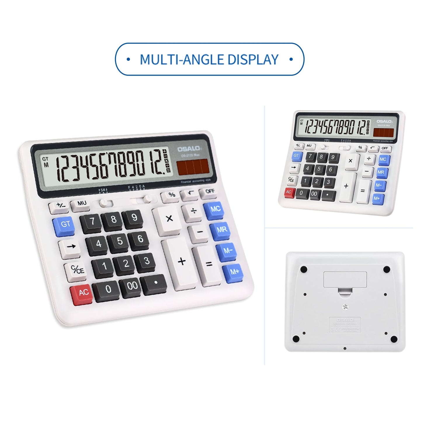 Desktop Calculator Extra Large LCD Display 12-Digit Big Number Accounting Calculator with Giant Response Button, Battery & Solar Powered, Perfect for Office Business Home Daily Use(OS-2135CA)