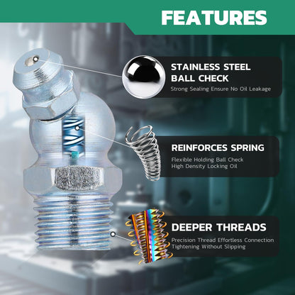 OURU 150PCS Grease Fittings Assortment, SAE & Metric Zerk Grease Fittings Straight 45 90 Degree with Grease Fitting Caps & Wrench Kit(7-11mm) for Grease Gun