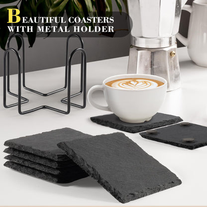 Slate Drink Coasters with Metal Holder, GOH DODD Set of 8 Black Coasters 4 Inch Stone Coaster Set Coffee Table Decor Tabletop Protection for Home Kitchen Housewarming Gifts Wedding Party, Square