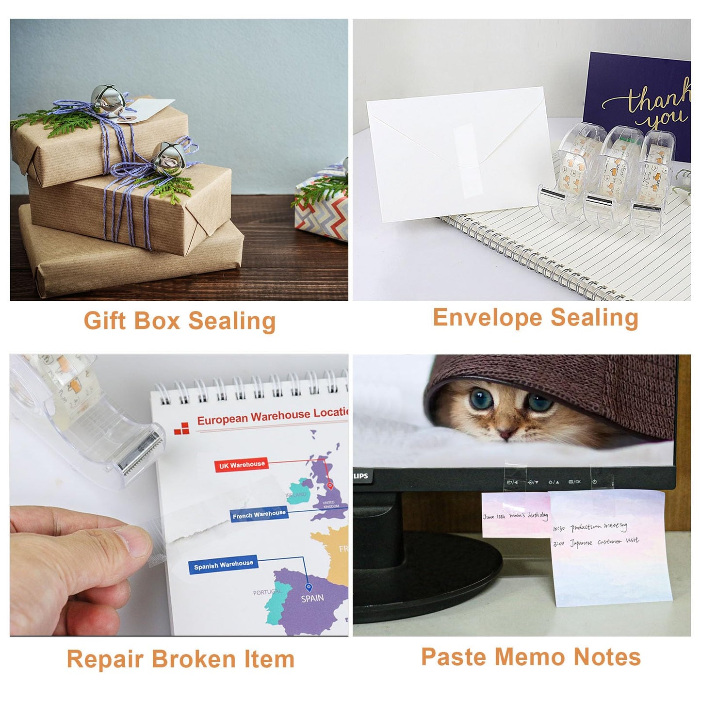 BOMEI PACK Office Transparent Tape with Dispenser, 16PACK Clear Refill Rolls Gift Wrap Tape Dispenser, 3/4in x 1000in