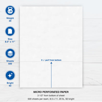 PrintWorks Professional 500 Sheets (1 Ream) 04128 Perforated Business Paper, 8-1/2" x 11", Letter Size, 3-1/2" Perf, White, 20# Laser - Ink Jet Bond
