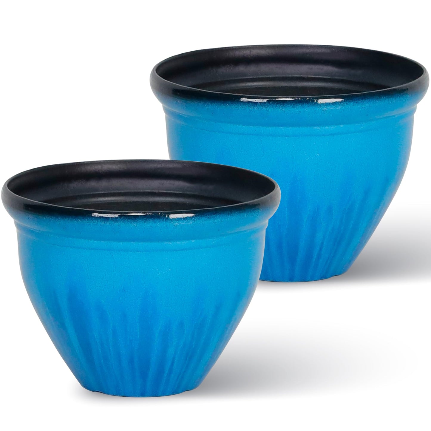 Worth Garden 8-Inch Dia. Round Blue Plastic Planters with Drain Holes, 5.9-Inch Height - 2-Pack Glossy Finish Bell-Shaped Plant Pot – Lightweight Indoor/Outdoor Flower Pots