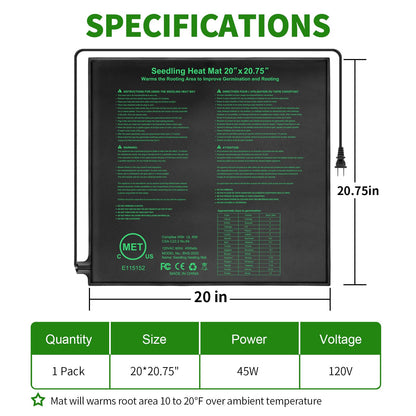 BoHoFarm Seedling Heat Mat 20" x 20.75",Waterproof Plant Hydroponic Heating Mat for Seed Starting,Plant Germination and Reptile with Power-Off Protection（1 Pack）
