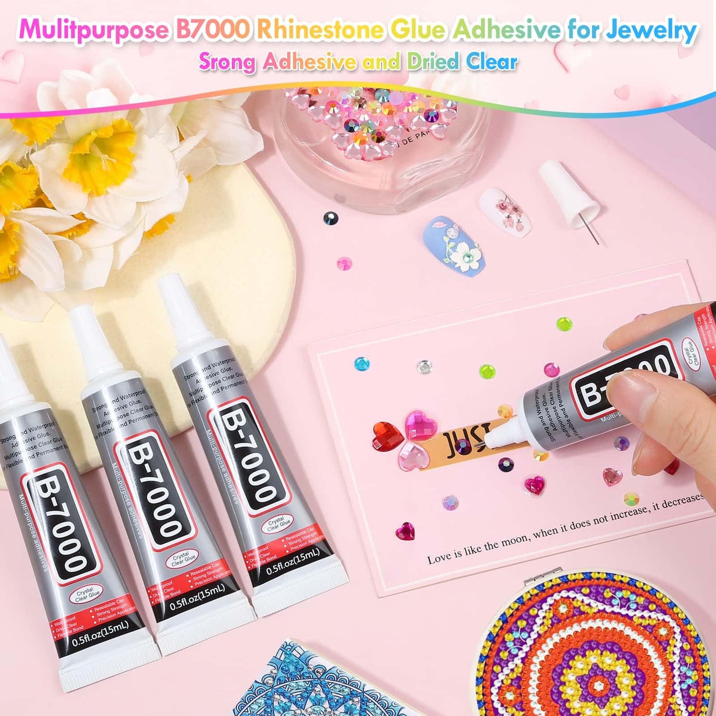 B7000 Glue with Large Rhinestones for Crafting, 5MM Rainbow Rhinestones Flat Back Gems Crystal with Jewelry Glue Adhesive for DIY Graduation Cap Bedazzling Crafts Clothes Tumblers Shoes