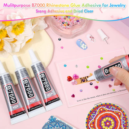 B7000 Glue with Large Rhinestones for Crafting, 5MM Rainbow Rhinestones Flat Back Gems Crystal with Jewelry Glue Adhesive for DIY Graduation Cap Bedazzling Crafts Clothes Tumblers Shoes