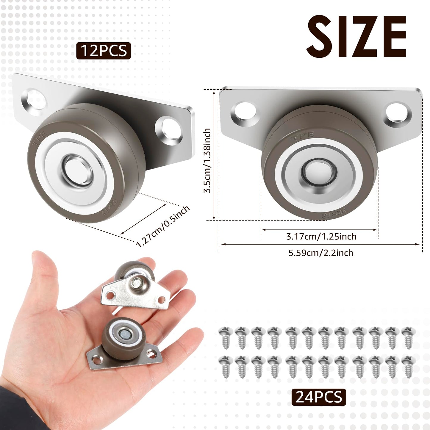 12 Pcs Side Mount Casters Wheels 1.25 Inch Non Swivel Caster Wheels No Noise Side Mounted Casters with 24 Screws for Furniture Cabinet Tables