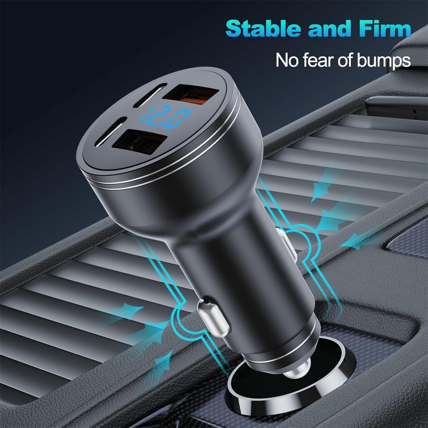126W USB C Car Charger, 4-Port 2 USB PD 3.0 + 2 USB QC 3.0 Car Charger, Metal USB Cigarette Lighter USB C Adapter with LED Voltmeter DC12-24V for Android, Tablet and All Smartphones(Black)