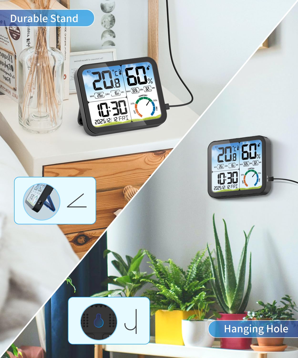 VOCOO Digital Indoor Room Thermometer - 5.8'' Extra Large Display Temperature Humidity Sensor with Accurate Temp Humidity Gauge Monitor, Calibration, Max & Min Records, Comfort, Backlit, Date & Clock