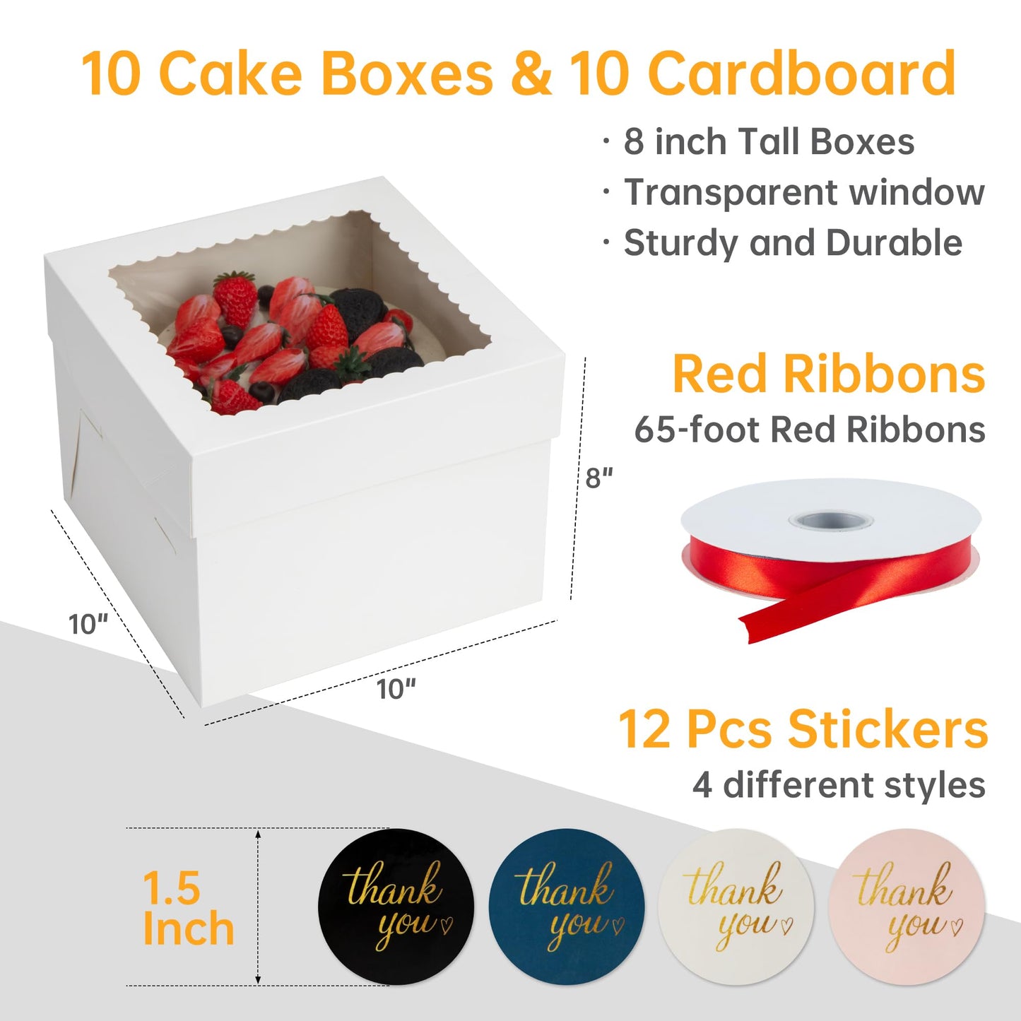 T-Language Cake Boxes and Boards Set (10 boxes & 10 boards) - 10x10x8 Inches White Bakery Boxes with Stickers, Red Ribbons for Multi-Layer Cakes and Cake Decorating