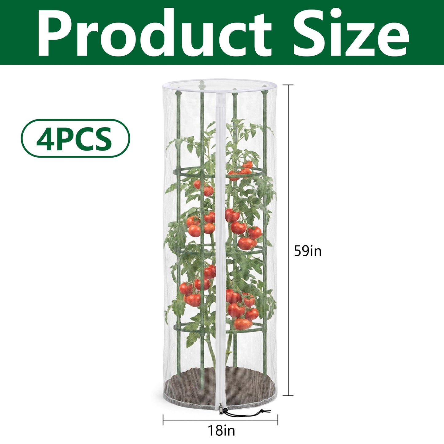 4 Pcs 59" x 18" Garden Bird Netting for Round Plant Cages - Tomato Cage Plants Protective Net Cover, Tomato Trellis Insect Barrier Mesh for Vertical Climbing Plants Fruits Flowers (Cage Not Included)