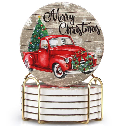 6 Pcs Red Truck Christmas Coasters with Holder Best Absorbent Ceramic Coasters Set Round Vintage Drink Christmas Coasters Gift Xmas Holiday Coffee Cup Coasters Cool Cup Coaster Table Coasters