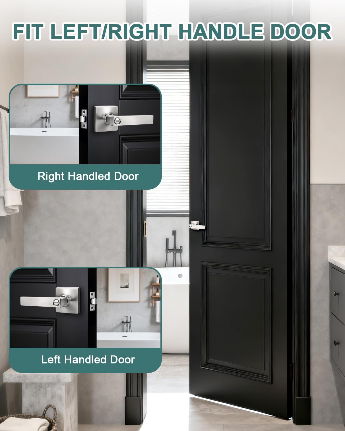 GOBEKOR 1 Pack Square Satin Nickel Privacy Door Lever,Keyless Door Handle Interior Use,Bathroom/Bedroom Door Lock (Thumb Turn,No Key),Reversible for Right or Left Side Door Handle Lock