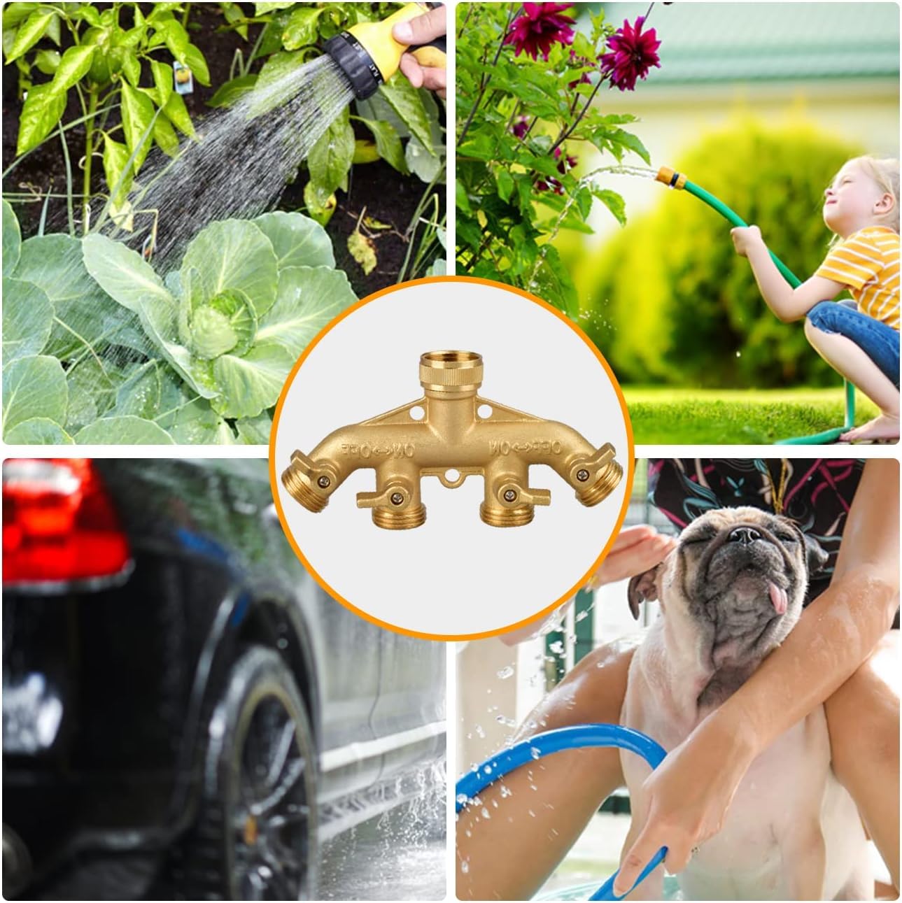 4 Way Garden Hose Splitter, 3/4" Heavy Duty Solid Brass Hose Connector with 4 Valves, 8 Gaskets +1 Seal Tapes, Hose Spigot Adapter for Garden/Home Life/Household Use