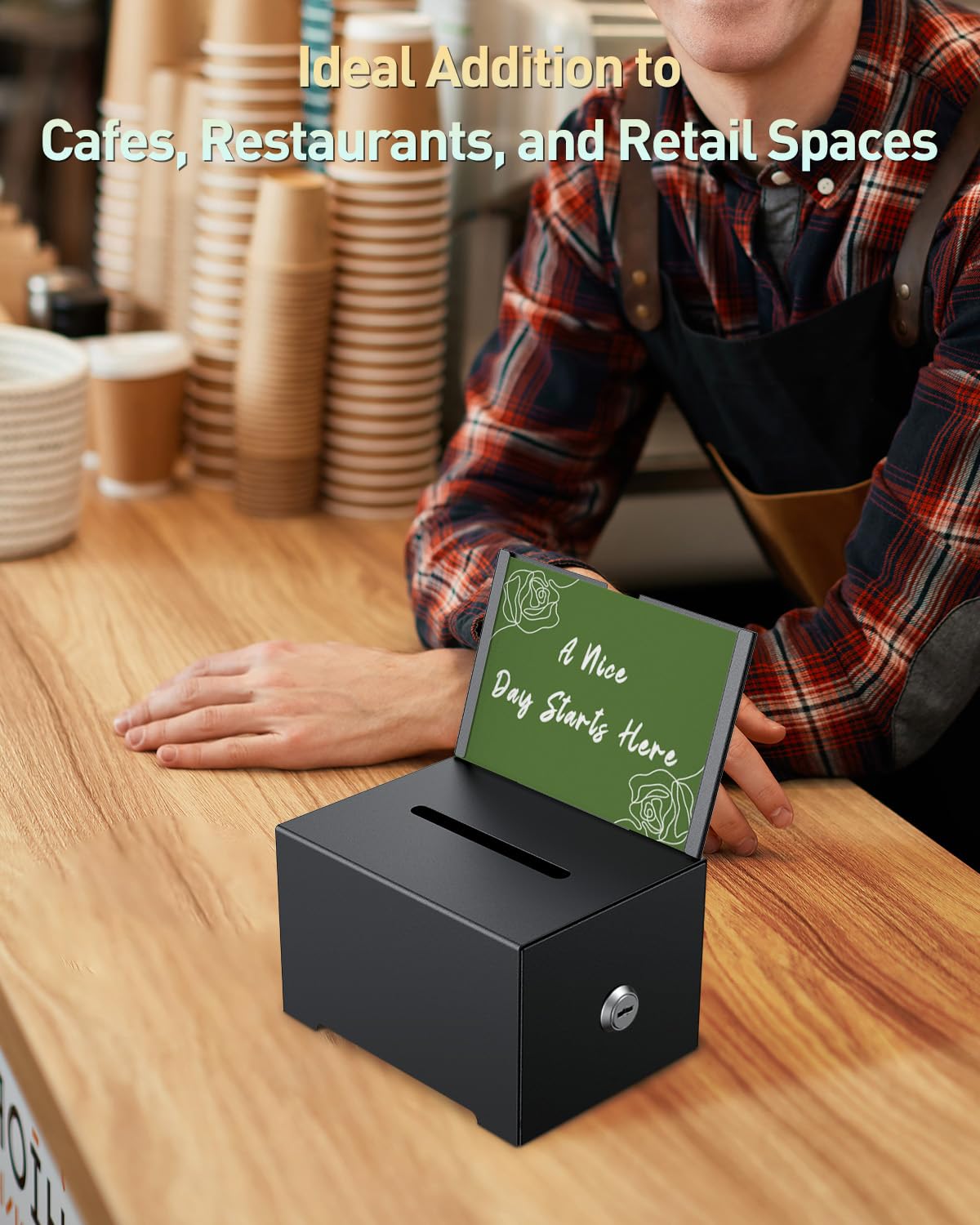 Uniclife Metal Donation Box for Fundraising, Suggestion Box with Slot and Lock, Black Ballot Boxes with Sign Holder, Storage Container for Voting Charity Tip Collection, 6.4" x 4.7" x 4"