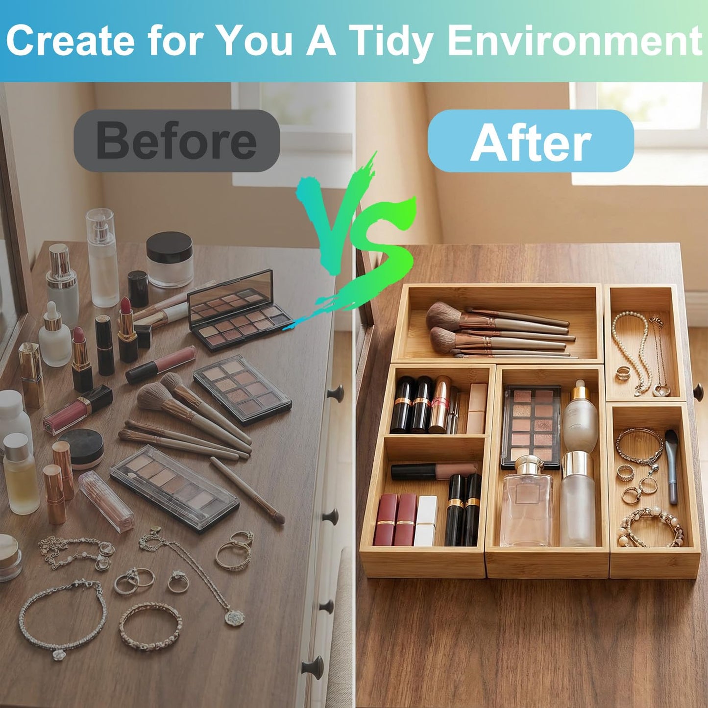 Acidea Bamboo Drawer Organizer Set, 5Pcs Multi-purpose Individual Storage Organizer, Junk Drawer Divider and Storage Trays Containers for Kitchen, Bathroom, Office Desk, Makeup, Jewelry, Utensils