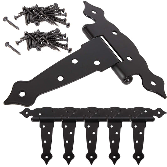 6 Pack Heavy Duty Gate Hinges - 5 Inch Barn Door Hinges Strap Hinges - Shed Door Outdoor Hinge Black T Hinge for Wood Fence