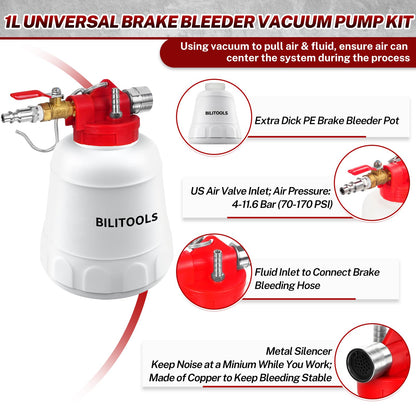 BILITOOLS 1L Brake Bleeder Vacuum Pump Kit Air Compressor, Universal One Person Pneumatic Brake System Clutch Fluid Bleeding Extractor Tool with Adapters