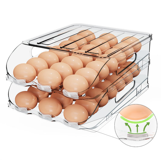 SMRCAD Egg Holder for Fridge, Automatic Stable Rolling Egg Dispenser with Handle & Silicone Pad for Refrigerator, Large Capacity Egg Organizer with Lid