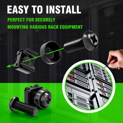 XOOL 50 PCS M6 x16mm Rack Mount Cage Nuts, Screws and Washers for Rack Mount Server Cabinet,Rack Mount Server Shelves,Routers,Rack Mount Screws and Square Insert Nuts,Self-Locking Cable Ties for Free