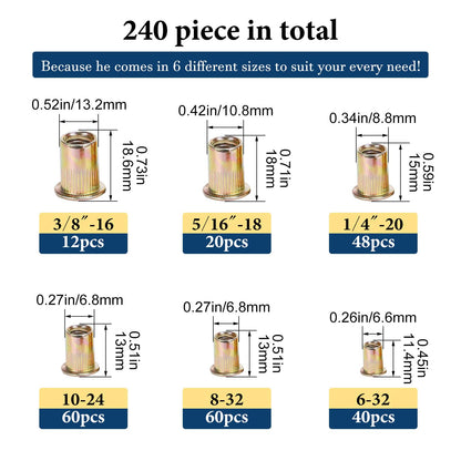 Vifmy SAE Rivet Nut Assortment Kit(240Pcs),#6-32#8-32#10-24 1/4"-20 5/16"-18 3/8"-16 UNC Rivnut Threaded Insert Nut Set,Zinc Plated Finish Carbon Steel Nutsert