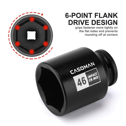 CASOMAN 1/2" Drive x 46mm Deep Impact Socket, 6-Point, 78mm Length, Metric, CR-MO
