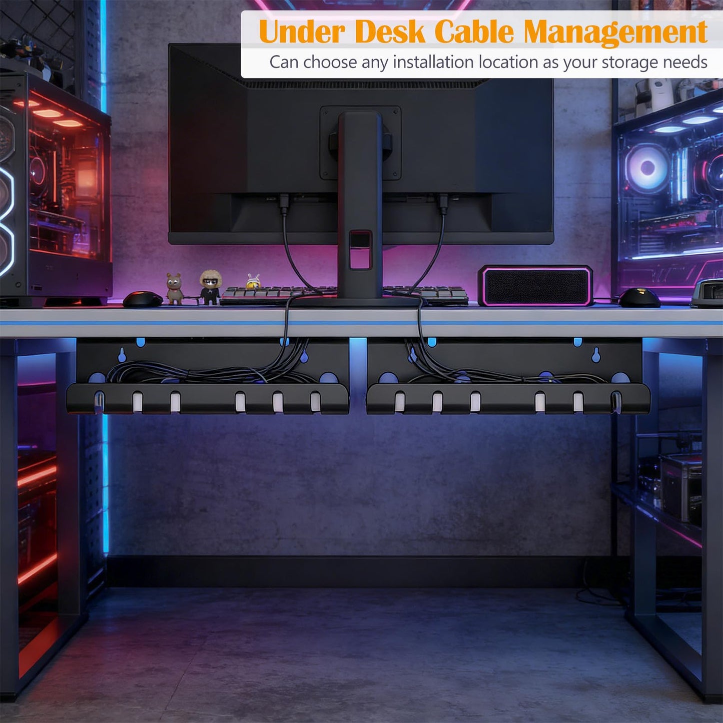 7 code Cable Management Under Desk, Set of 2 Stainless Steel Cable Organizer with Desk Accessories, Under Desk Storage, Cable Ties Cord Organizer, Desk Cable Management Box for Office, Home, Black