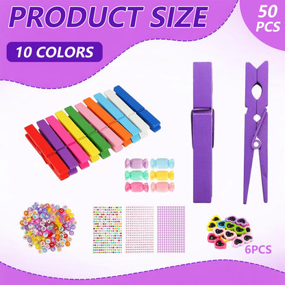 50 Set Cheer Pins Spirit Clips, Wooden Clothespins DIY Cheerleader Clips with Mini Resin Charms and Letter Beads for Backpacks & Classroom Crafts, Cheer Gifts Bulk for Team Girl