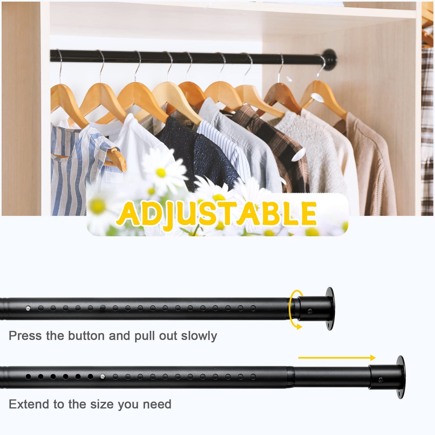 Closet Rod, 17 to 55 Inch Adjustable Closet Rods for Hanging Clothes Heavy Duty Closet Hanging Rod Metal Black Closet Poles for Wardrobes
