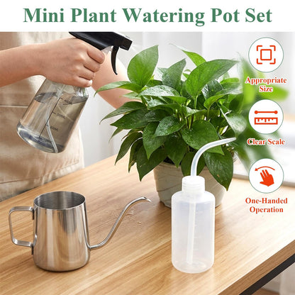 Boocalny 3Pcs Watering Can Indoor Plants Set,350ml Stainless Steel Long Spout Plant Watering Pot & 250ml Squeeze Bottle& 500ml Mist Spray Bottle,Mini Indoor Watering Can for House Garden Potted Flower