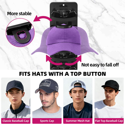 Spring-Loaded Hat Organizer for Baseball Caps (2 Pack) – Holds 20 Caps, Quick Insert & Smooth Release with Secure Hold, Wall Mount for Closet or Door with Adhesive & Screws – Black