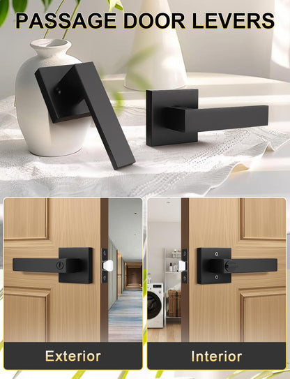 Tinewa 1 Pack No Lock Passage Door Lever, Reversible Door Handle Without Locking for Right/Left Handed Door, Matte Black Heavy Duty Square Lever Set for Interior/Exterior Use
