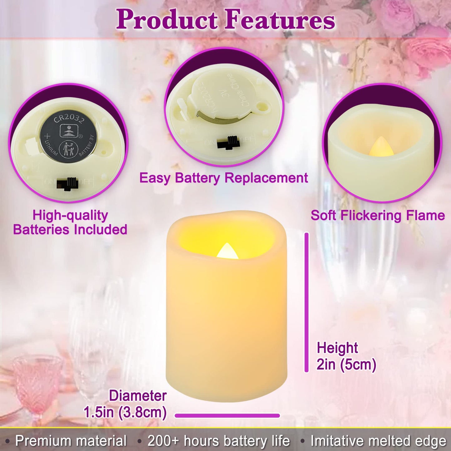 Yakpo 24 Pack 5cm Flameless Flickering Battery Operated LED Votive Candles, Electric Fake Votive Tea Light, LED Flicker Tealight Candle Bulk for Outdoor Wedding Christmas Halloween Party Decorations