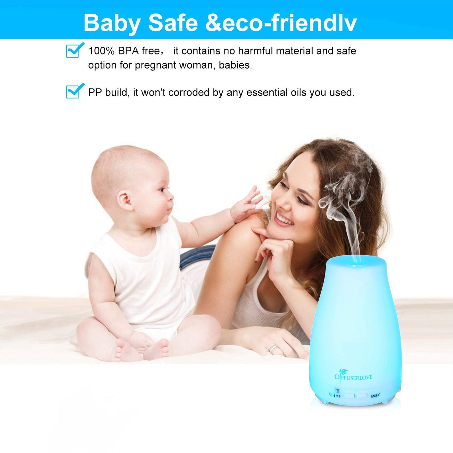 Diffuserlove Essential Oil Diffusers 200ML Remote Control Ultrasonic Mist Humidifiers BPA-Free Aromatherapy Diffuser with 7 Color Lights and Waterless Auto Shut-Off for Bedroom Office Kitchen