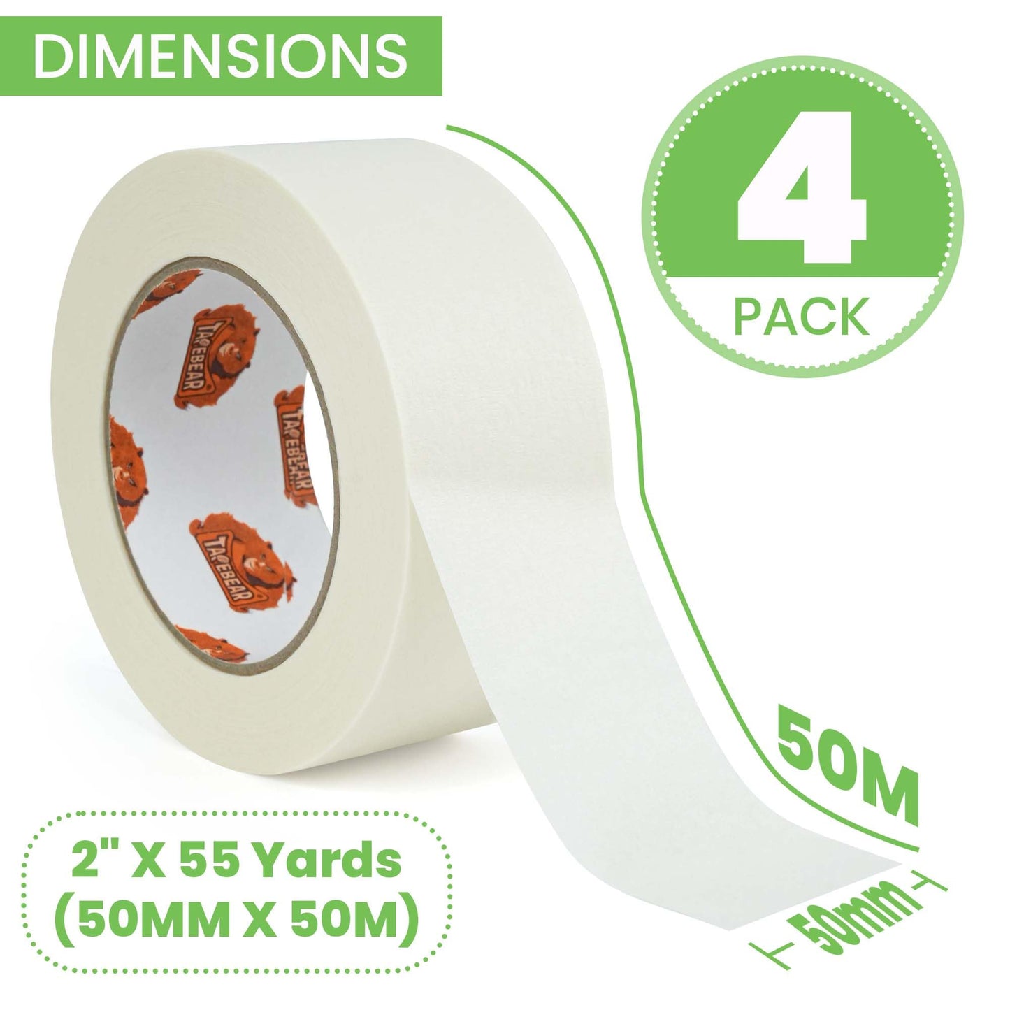 TAPEBEAR Eco-Friendly Kraft Paper Tape 50mm x 50m, White Paper Packing Tape, Biodegradable Recyclable Packaging Tape Self Adhesive Box Tape for Shipping, Sealing, Moving, 4Rolls