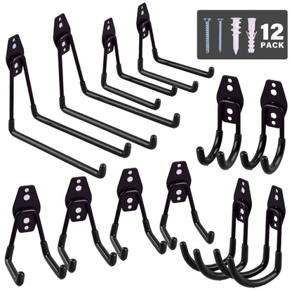 12 Pack Garage Hooks Heavy Duty ,Iron Garage Storage Hooks with Anti-Slip Coating Garage,Tool Hangers for Garage Wall Utility Wall Mount Garage Hooks for Garden Tools, Ladders, Bulk Items, Bikes, Black