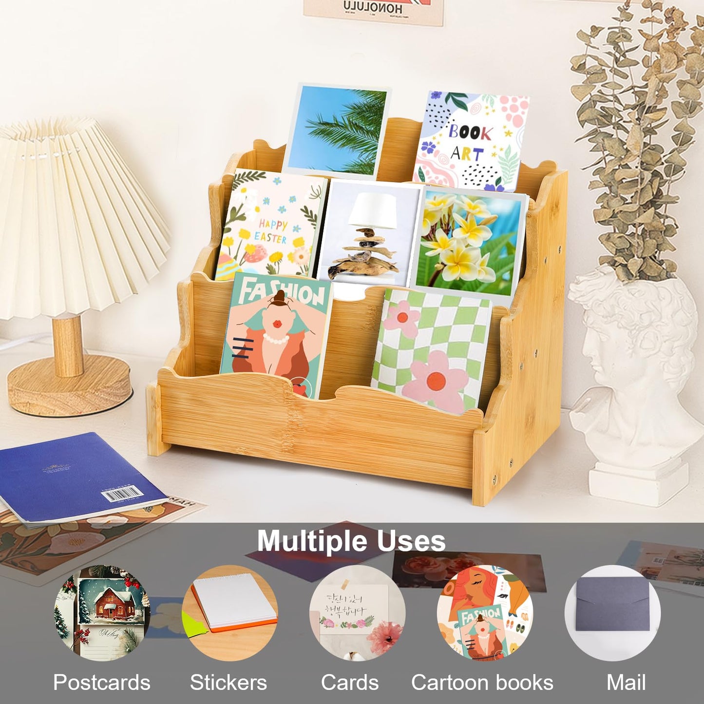 Yarlung Bamboo Greeting Card Display Stand, 3 Tier Card Holder Sticker Display Postcard Stand for Craft Show, Vendors, Retail Counter, Bookcase, Magazine Brochure Holder