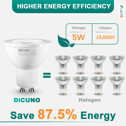 DiCUNO GU10 LED Bulbs, 3000K Warm White, 5W (40W Equivalent), 400lm, High CRI 98, GU10 Base Non-Dimmable Spotlight Bulbs for Track & Recessed Lighting, 6-Pack