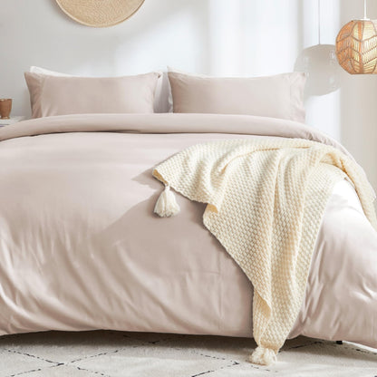 Sasttie Duvet Cover Queen, 3-Piece Ultra Soft Double Brushed Bedding Sets for All Season Use, Includes 1 Duvet Cover 90x90 Inches, 2 Envelope Pillowcases 20x30 Inches, Beige
