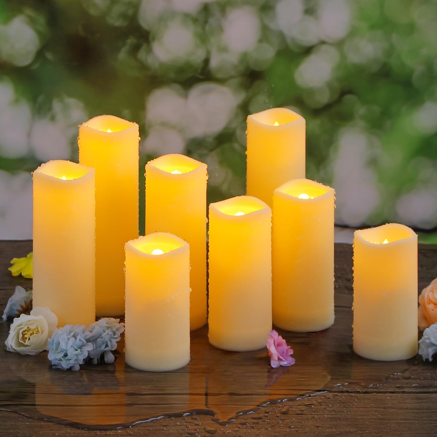 Yeelida Waterproof 8pcs Flameless LED 2.2" x4" 4" 5" 5" 6" 6" 7" 7" Candles with 2 Remotes & Daily Timer, Battery Operated Fake Exterior Ivory Plastic Long Lasting Pillar Candles for Outdoor Use